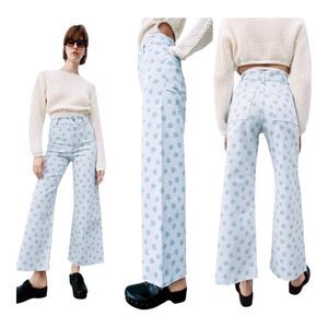 Zara Women's Blue Floral Print High Waisted Baggy Palazzo Wide Leg Denim Jeans 6